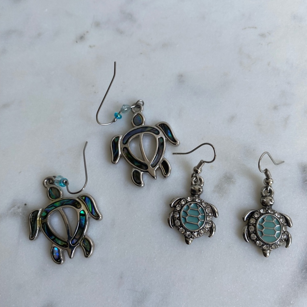 Sea Turtle Set Of 2 Pairs Of Silver Dangle Earrings Alabone Zirconias Ocean